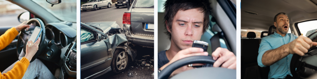 Quatre situations illustrant les dangers de la distraction au volant, notamment l'utilisation du téléphone et les accidents de la route